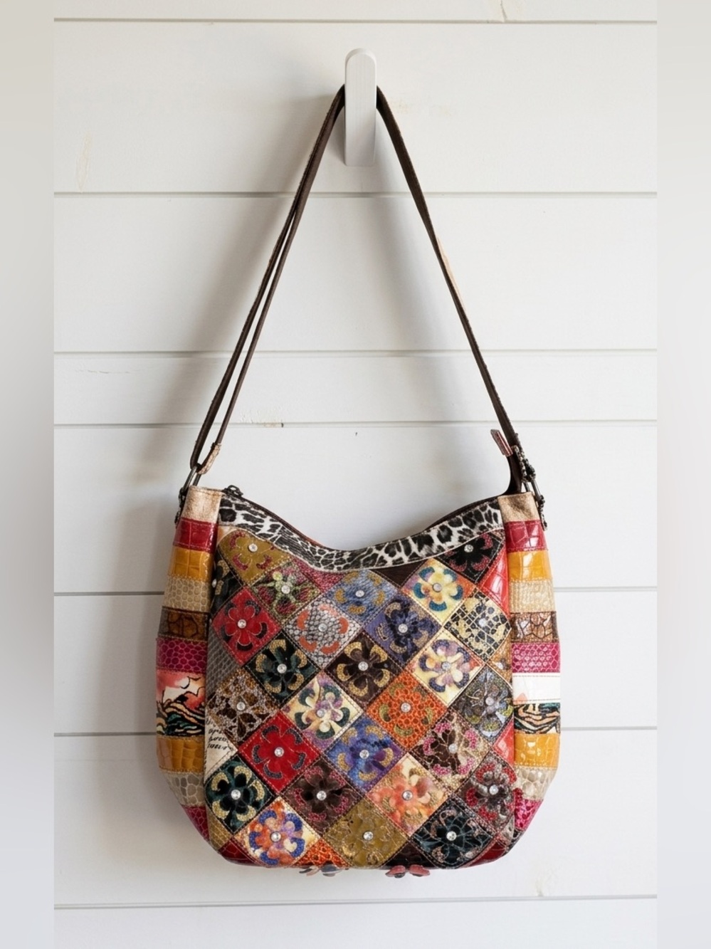 Treska Boho Patchwork & Rhinestone multi color faux leather shoulder bag